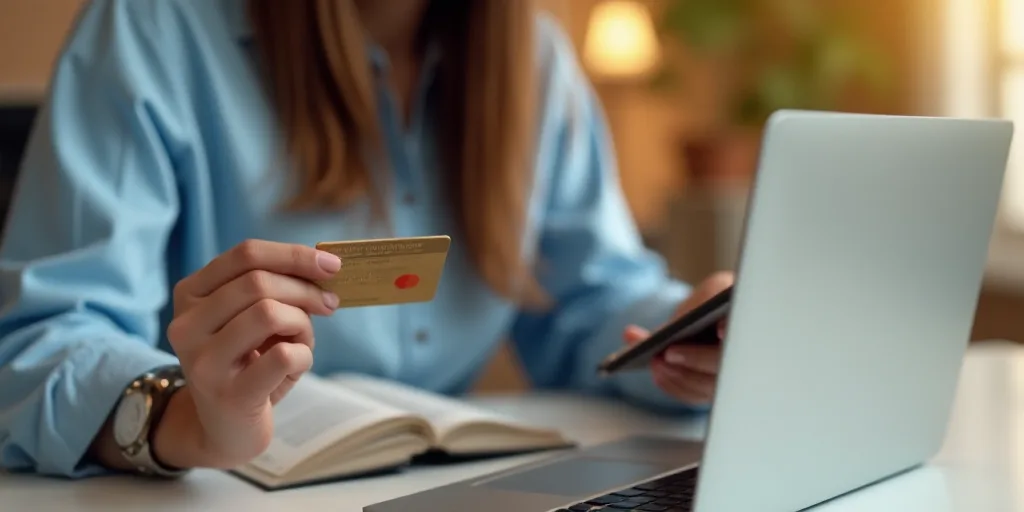 a woman holding a credit card and a cell phone in her hand while sitting at a desk with a laptop and