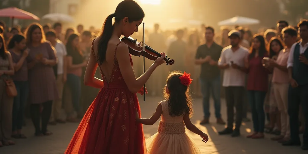 a woman holding a little girl's hand while playing a musical instrument in front of a crowd of peopl