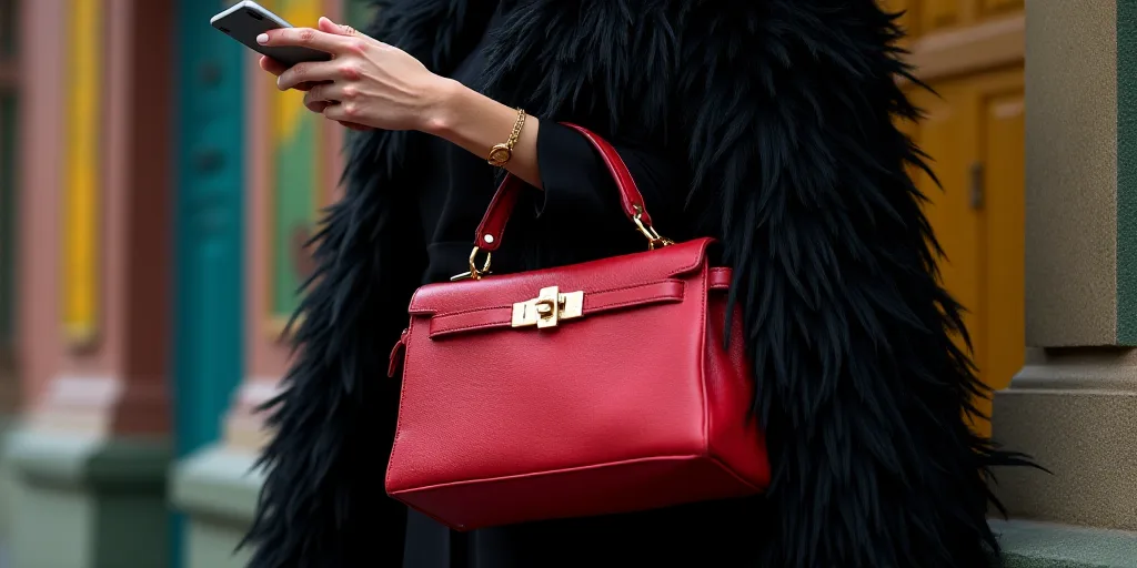 a woman holding a red purse with a black feathered coat on top of her shoulders and a cell phone in