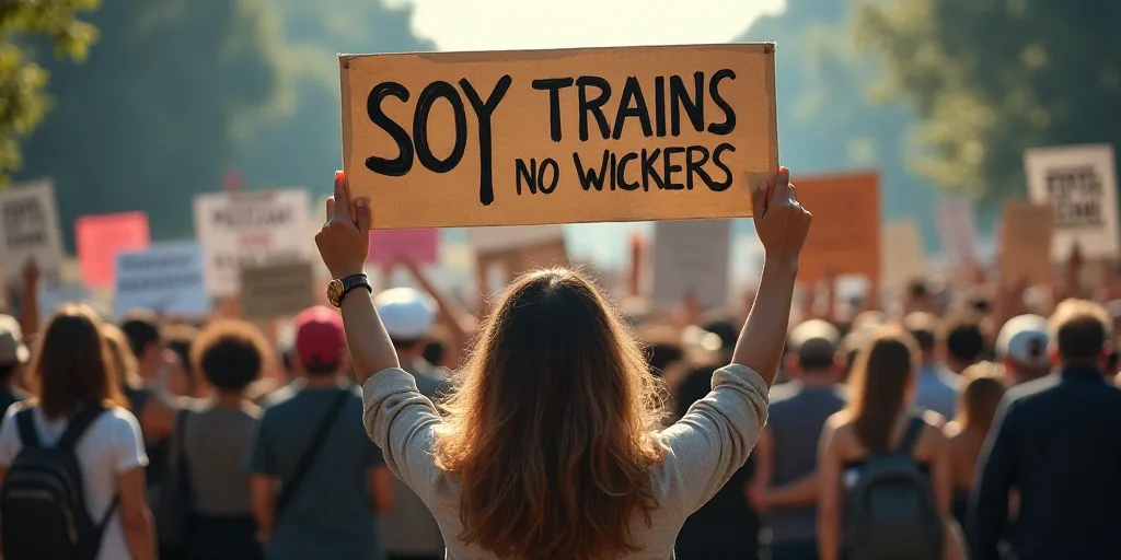 a woman holding a sign in front of a crowd of people holding signs that say soy trains and no wicker
