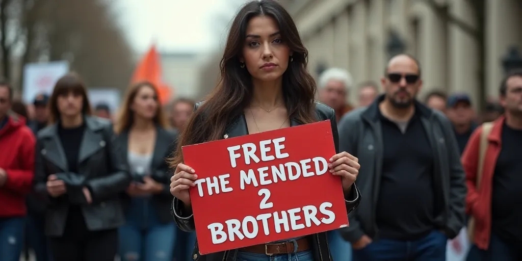 a woman holding a sign that says free the mended 2 brothers on it in front of a crowd of people, Edd