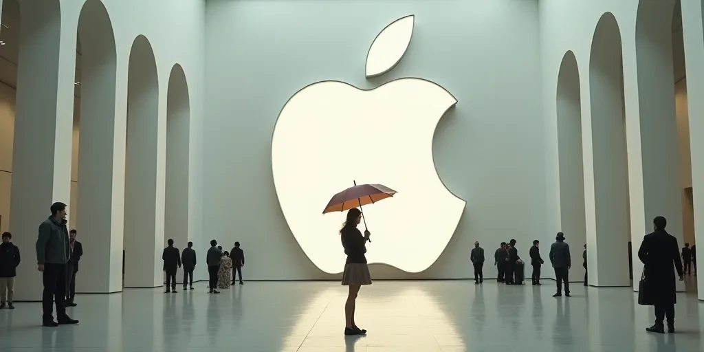 a woman holding an umbrella in a building with people walking around it and a large apple logo on th