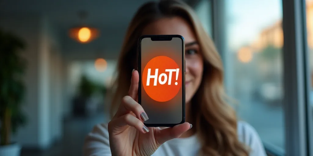 a woman holding up a cell phone with a hot sale on it in front of her face and a window, Andries Sto