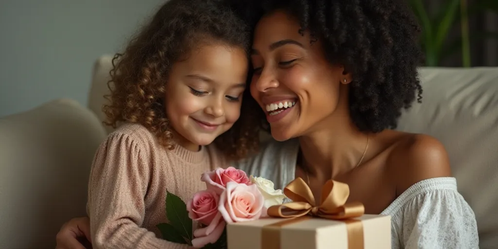a woman hugging a little girl with a gift box and flowers in her lap and a gift wrapped in a brown r