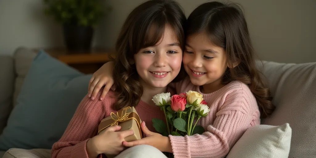 a woman hugging a little girl with a gift box and flowers in her lap and a gift wrapped in a brown r