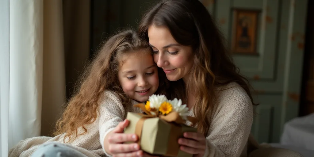 a woman hugging a little girl with a gift box and flowers in her lap and a gift wrapped in a brown r