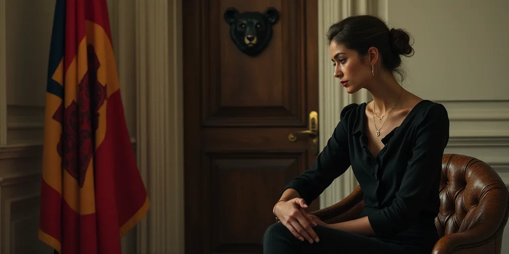 a woman in a black dress sitting in a chair in front of a flag and a door with a bear on it, Araceli