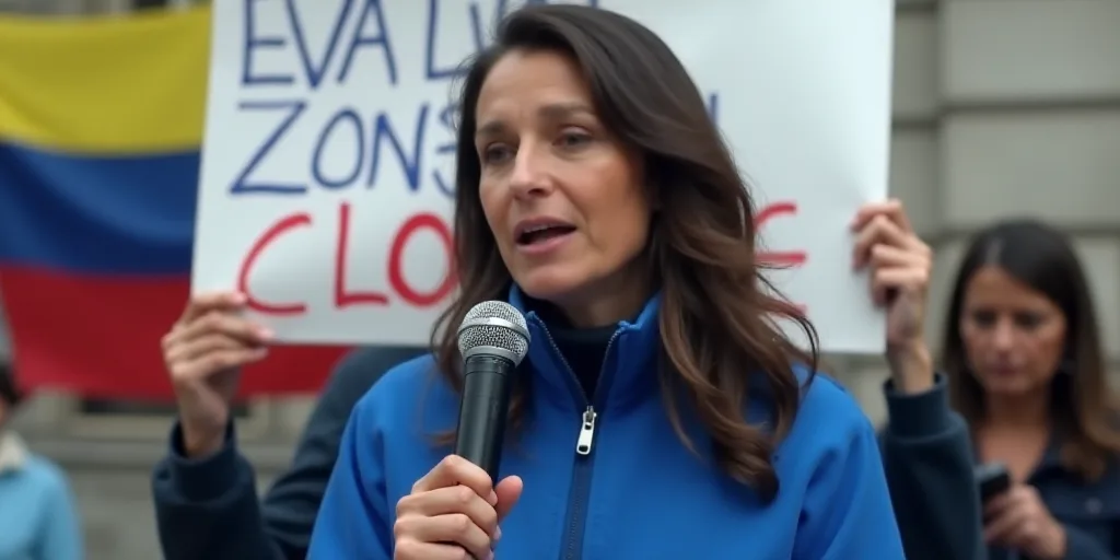 a woman in a blue jacket is speaking into a microphone and holding a microphone in her hand and a si