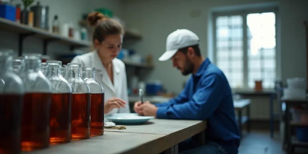 a woman in a factory with a bunch of bottles on a table and a man in a white hat and blue shirt, Eng