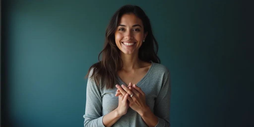 a woman in a gray top is smiling for the camera with her hands folded in front of her chest, Arament