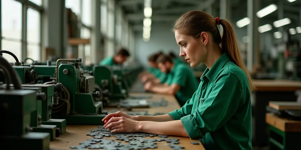 a woman in a green shirt working on a machine in a factory with other workers in the background and