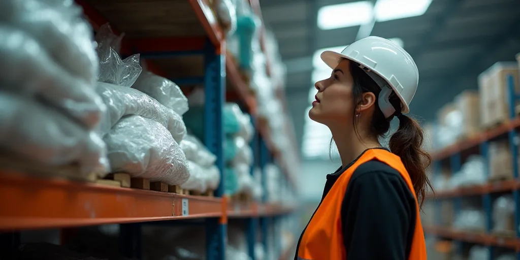 a woman in a hard hat and safety vest looking up at a shelf of plastic bags in a warehouse, Andries
