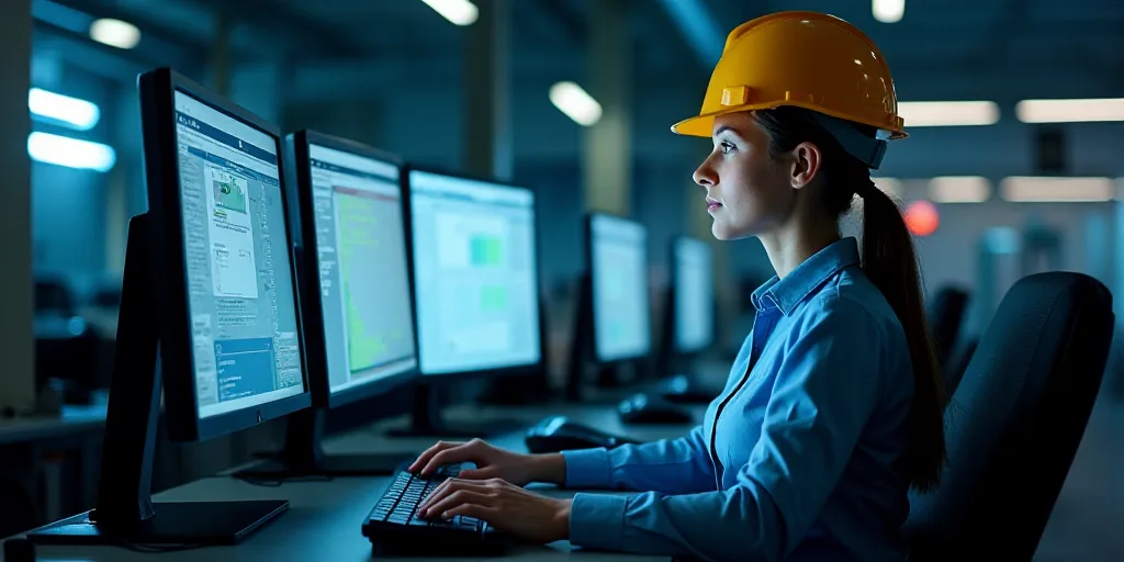 a woman in a hard hat working on a computer screen with multiple monitors behind her and a keyboard