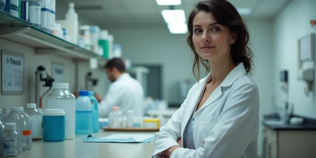 a woman in a lab coat standing next to a counter with bottles and a beakle on it and a sign on the w