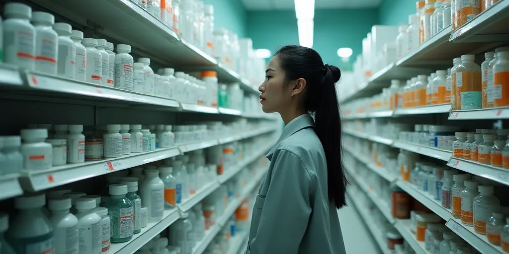 a woman in a pharmacy shop looking at a shelf of medicine bottles and other items on shelving units,