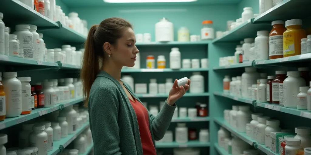 a woman in a pharmacy shop selecting medicine from shelves of medicine bottles and pills on the shel