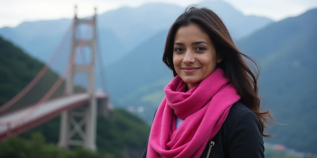a woman in a pink scarf standing in front of a mountain range with a suspension bridge in the backgr