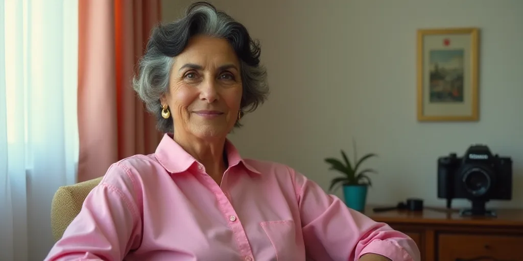 a woman in a pink shirt is sitting in a chair and a camera is on the wall behind her, Araceli Gilber