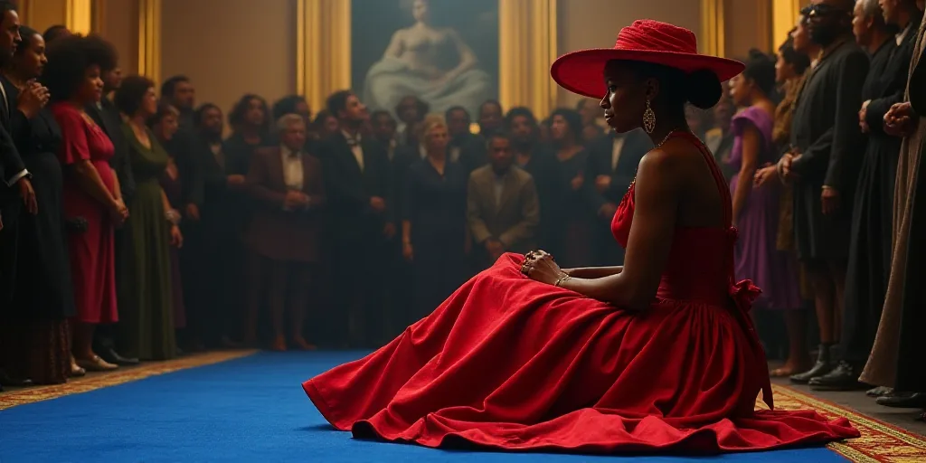 a woman in a red dress and hat sitting on a blue carpet with a crowd of people behind her, Ada Glady