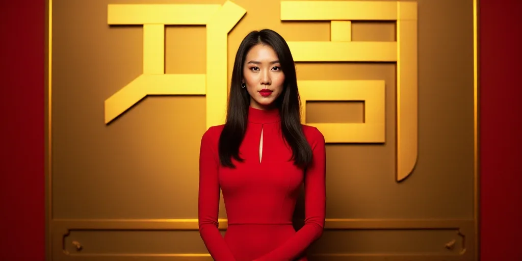 a woman in a red dress standing in front of a gold wall with a large gold sign behind her, Chen Chi,