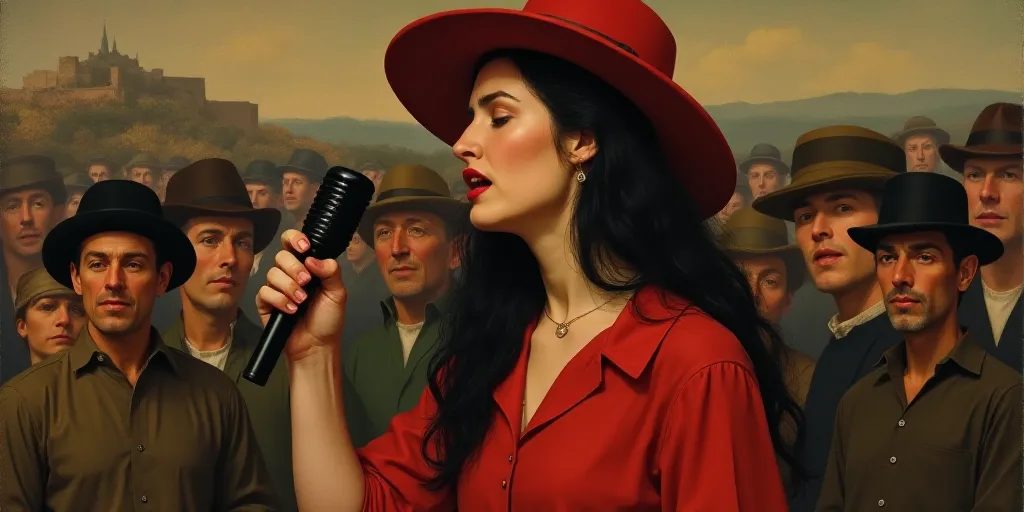 a woman in a red shirt and hat singing into a microphone with other people in the background wearing