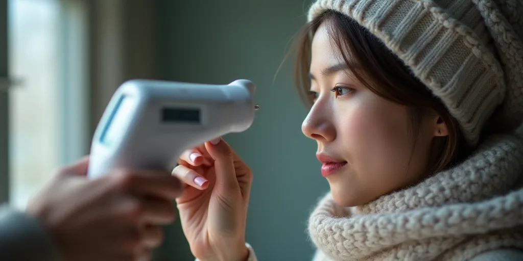 a woman in a scarf is using a thermometer to check her temperature while wearing a scarf and a scarf