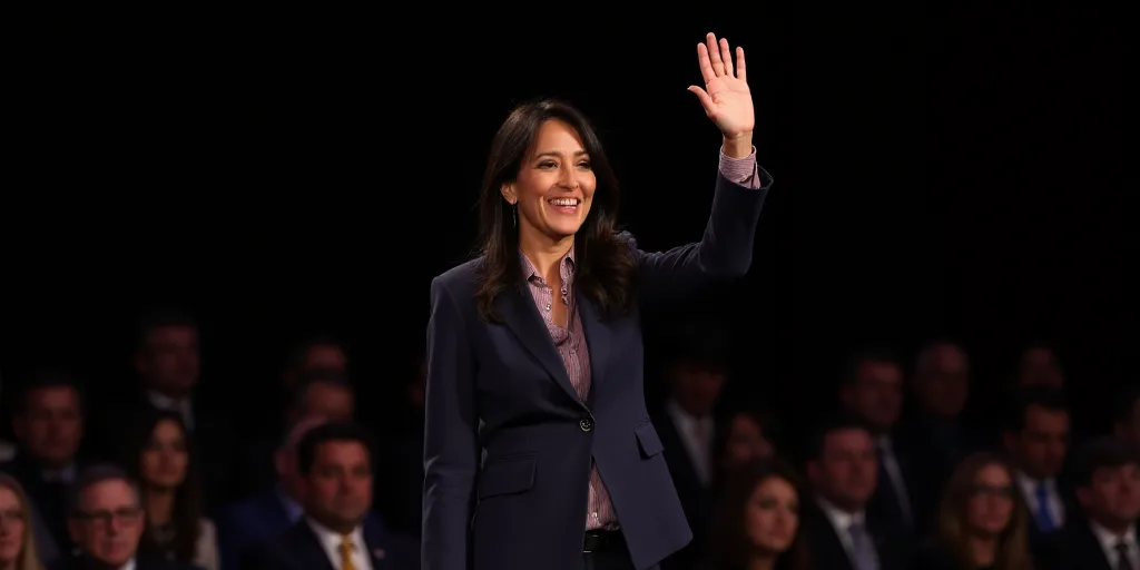 a woman in a suit and tie waves to the crowd at a political event in a dark room with a black backgr