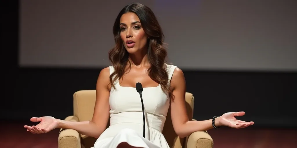 a woman in a white dress sitting in a chair with her hands out and a microphone in front of her, Ame