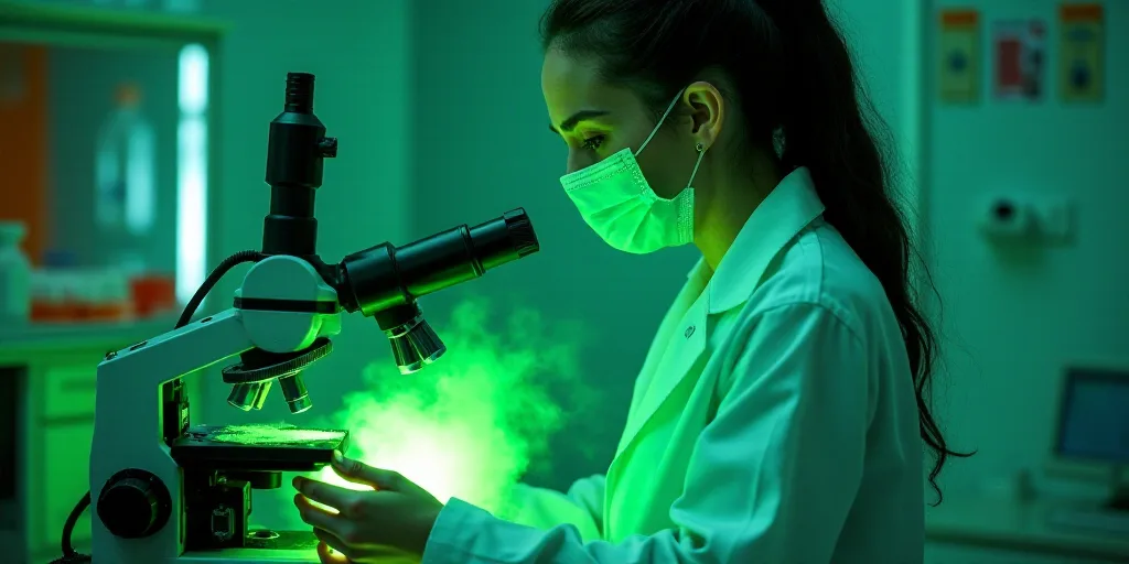 a woman in a white shirt and a mask is holding a green substance in a laboratory with a microscope,