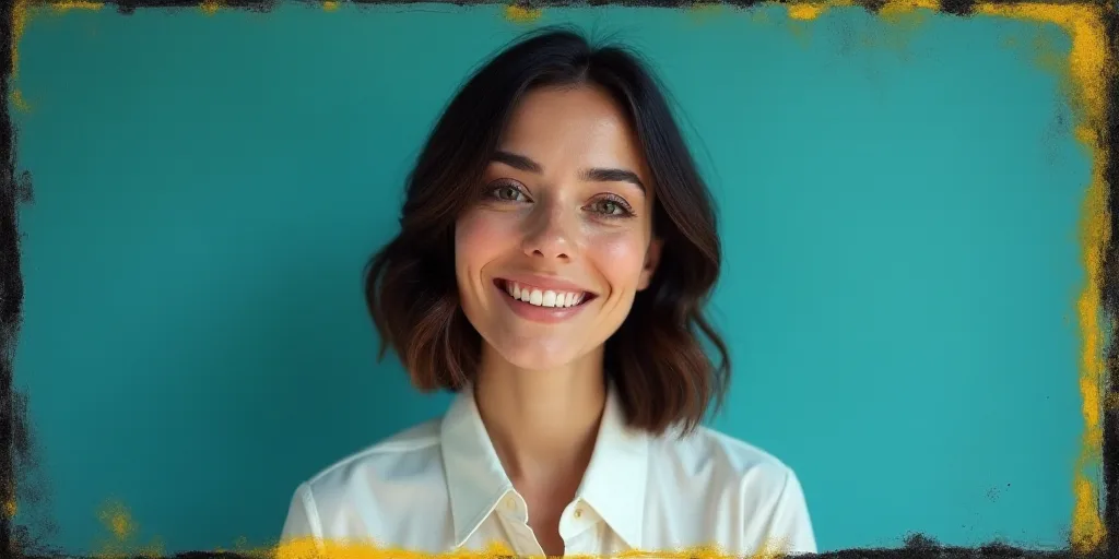 a woman in a white shirt is smiling for the camera with a blue background and a black and yellow bor