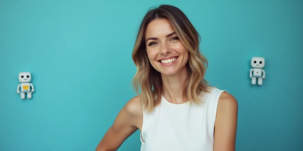 a woman in a white top is smiling for the camera with a blue background and a black and yellow borde