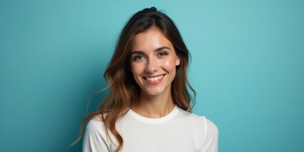 a woman in a white top is smiling for the camera with a blue background and a black and yellow borde