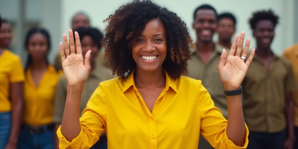 a woman in a yellow shirt is holding up her hands and smiling at the camera while others stand behin