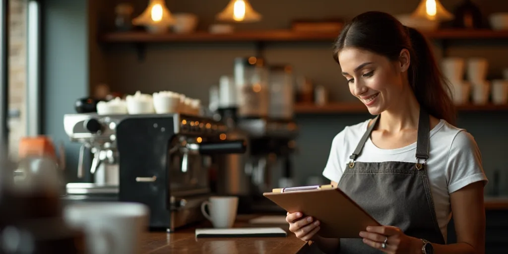 a woman in an apron is looking at a clipboard in a coffee shop with a coffee machine in the backgrou