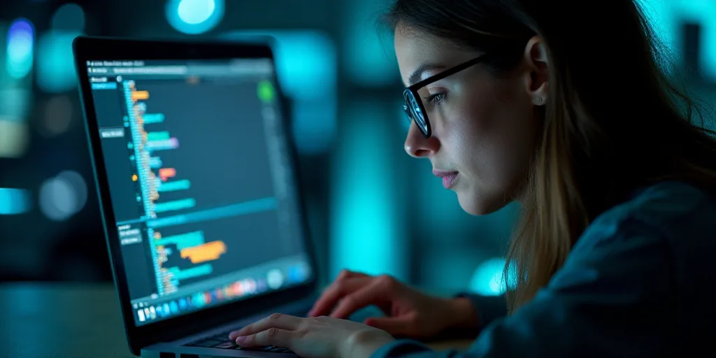 a woman in glasses looking at a laptop screen with a lot of lights on it and a blurry background, En