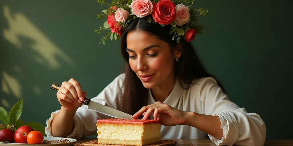 a woman is cutting a piece of cake with a knife in her hand and a flowered headband on her head, Ara