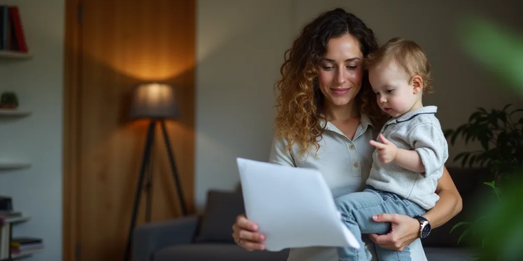 a woman is holding a child and looking at a laptop screen while holding a piece of paper in her hand