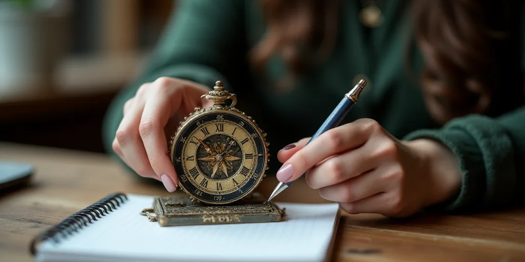 a woman is holding a clock in her hand and pointing at it with a pen and a notebook in front of her,
