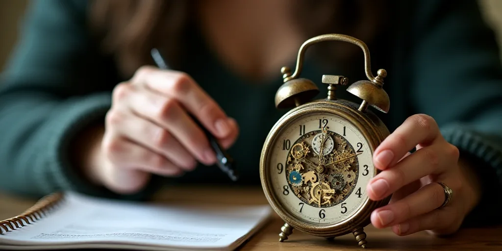 a woman is holding a clock in her hand and pointing at it with a pen and a notebook in front of her,
