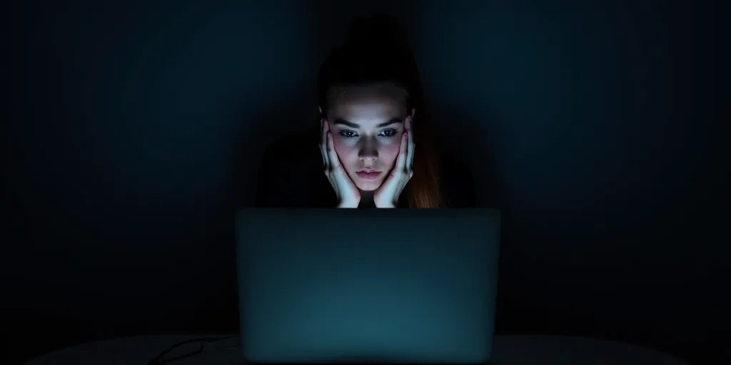 a woman is looking at a laptop screen in the dark, with her hands on her face and her hand on her fa