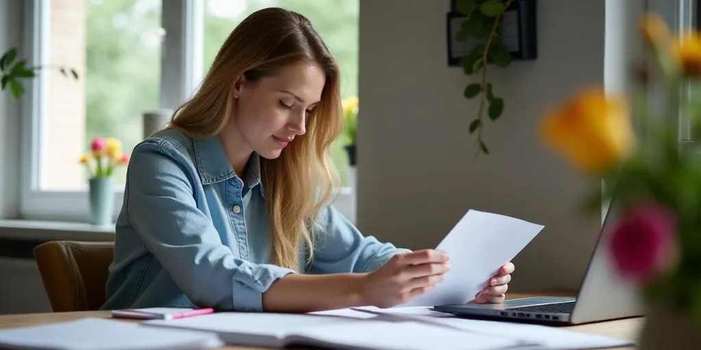 a woman is looking at a piece of paper while sitting at a desk with a laptop and flowers in the back