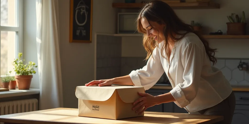 a woman is putting a box on a table with a logo on it and a sign on the box, Ceferí Olivé, 8 k hd,