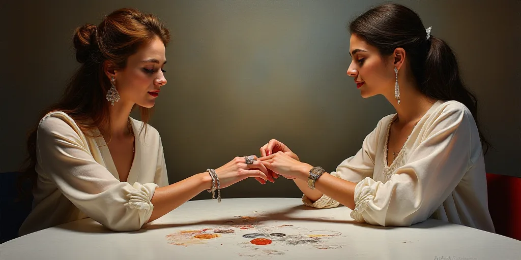 a woman is putting a ring on another woman's finger at a table with a sign and a sign, Bouchta El Ha