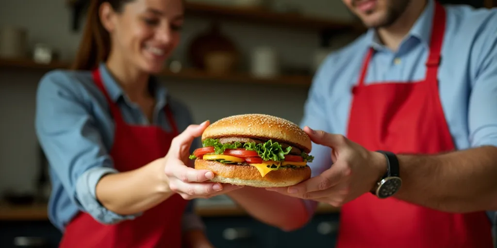 a woman is serving a sandwich to a man in a kitchen with a red apron and red apron on, Chippy, profe