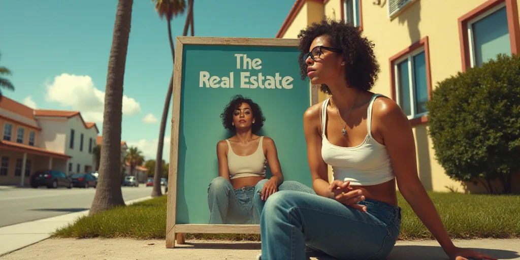 a woman is sitting in front of a sign with a picture of her on it and a caption for the real estate