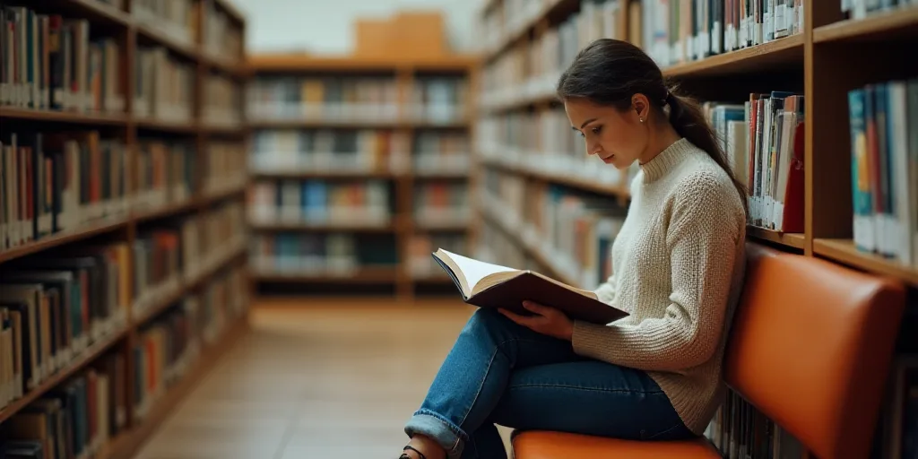 a woman is sitting on a bench in a library reading a book and looking at a laptop computer on a shel