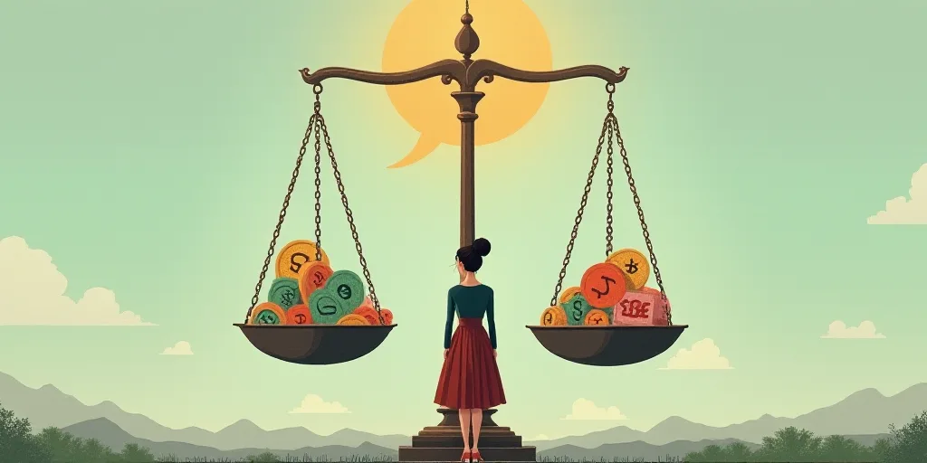 a woman is standing in front of a balance scale with money symbols on it and a speech bubble above h