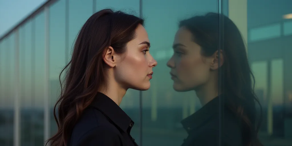 a woman is standing in front of a building with a reflection of her face on the glass of the buildin