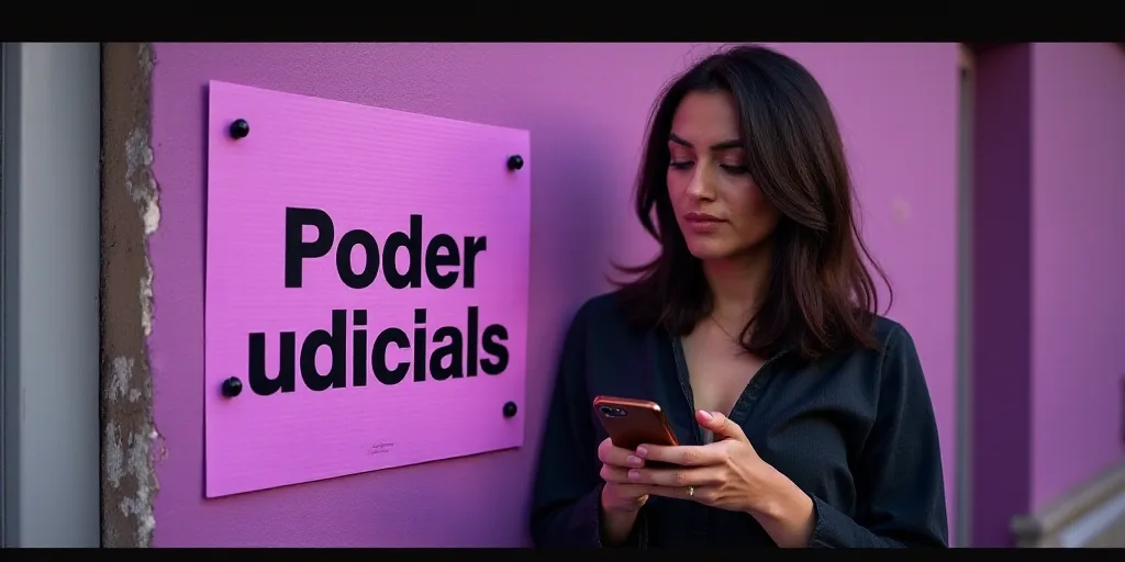 a woman is standing next to a sign that reads poder judicial on it and is holding a cell phone, Fede