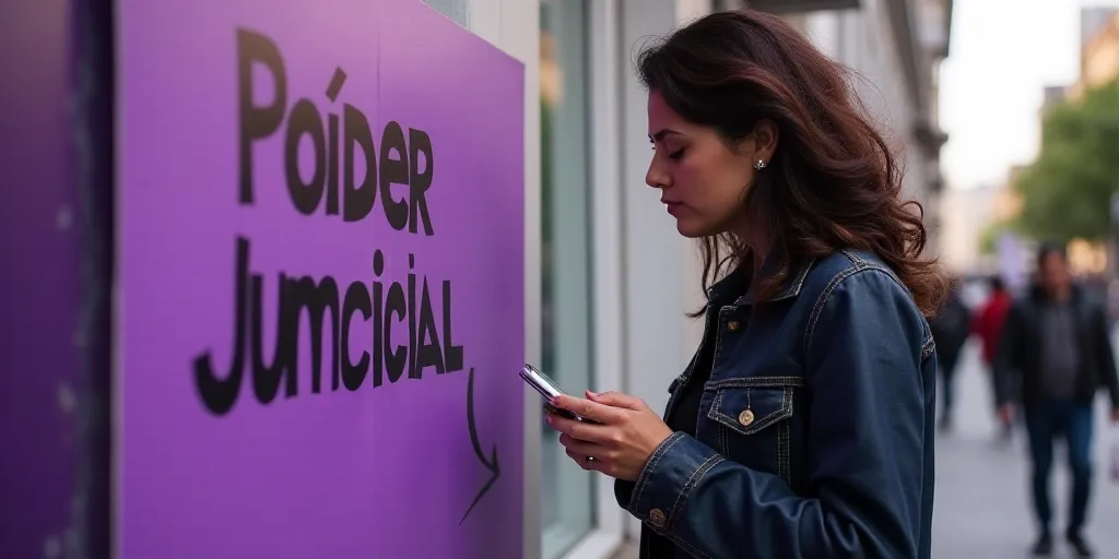 a woman is standing next to a sign that reads poder judicial on it and is holding a cell phone, Fede